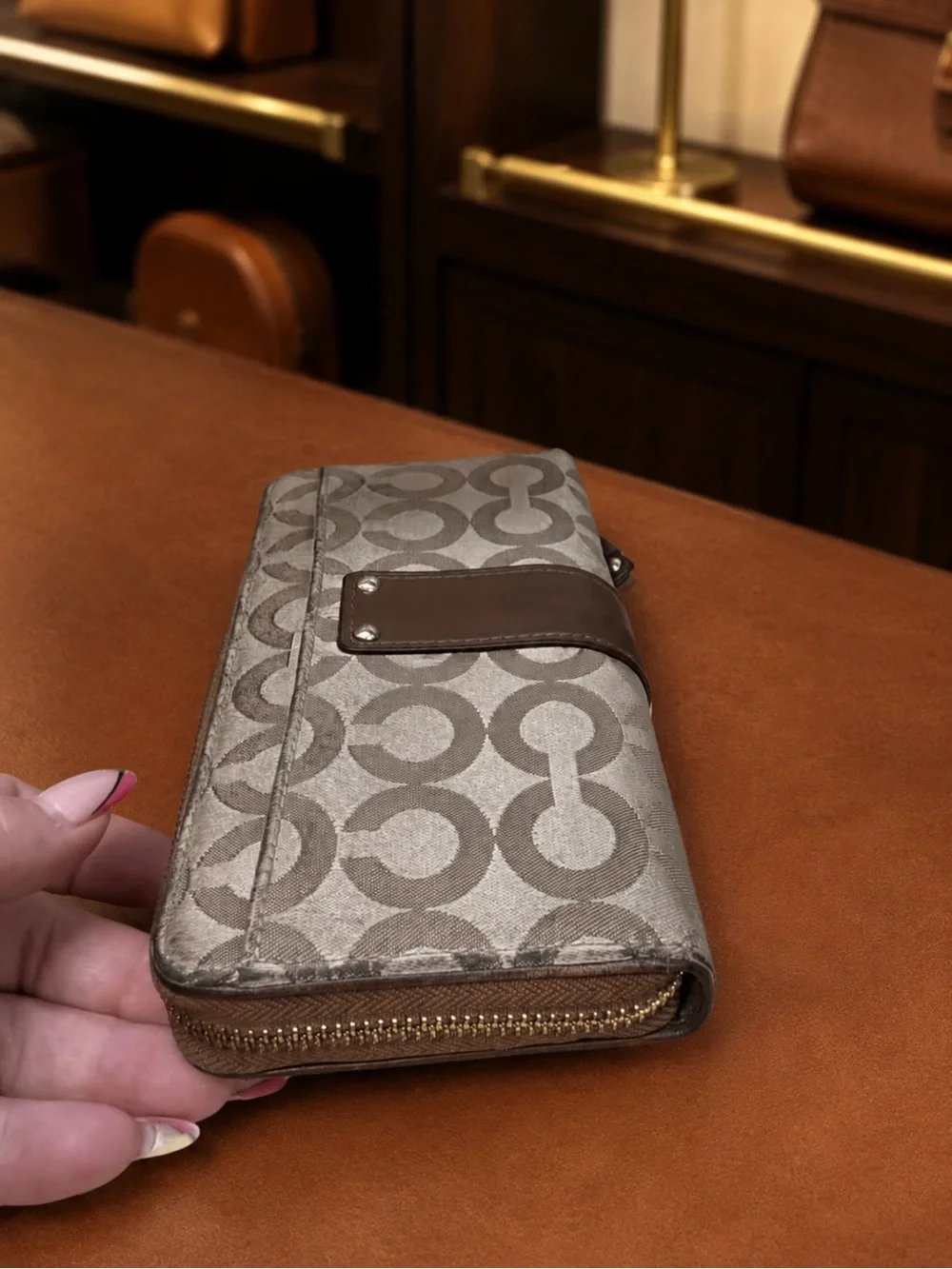 Coach Beige Signature Canvas Zip Wallet with Brown Leather Buckle